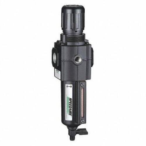 DESCRIPTION: (1) FILTER-REGULATOR BRAND/MODEL: SPEEDAIRE/4ZK88 INFORMATION: MAX TEMP: 175F/40 MICRON/120 CFM RETAIL$: 70.62 SIZE: 9.95"X 2.68"W X 3/8"