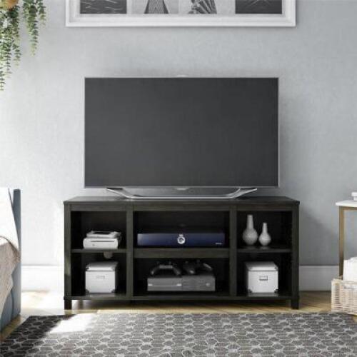 DESCRIPTION: (1) 50" CUBBY TV STAND BRAND/MODEL: MAINSTAYS PARSON RETAIL$: 70 SIZE: 47.47"W 15.75" D QTY: 1