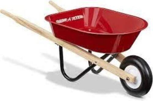 DESCRIPTION: (1) KIDS WHEELBARROW BRAND/MODEL: RADIO FLYER KIDS INFORMATION: RED RETAIL$: 40 SIZE: 31.1"D X 16.26"W X 11.34"H QTY: 1