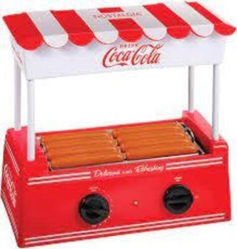 DESCRIPTION: (1) HOT DOG ROLLER AND BUN WARMER BRAND/MODEL: NOSTALGIA COCA-COLA RETAIL$: $69.99 EA SIZE: 8 DOG CAP QTY: 1