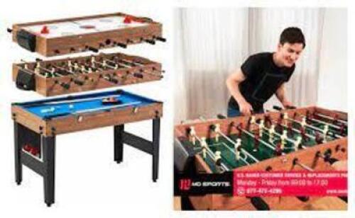 DESCRIPTION: (1) COMBO GAME TABLE BRAND/MODEL: MD SPORTS/CB048Y21040 INFORMATION: 3-IN-1/POOL, AIR HOCKEY & FOOSBALL RETAIL$: 149 SIZE: 48.5"L X 22.75
