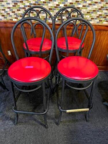 DESCRIPTION: (4) 30" METAL FRAMED BAR STOOLS W/ RED VINYL SEAT CUSHIONS BRAND / MODEL: MTS SIZE 30" LOCATION: SEATING THIS LOT IS: SOLD BY THE PIECE Q