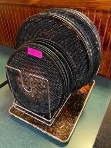 DESCRIPTION: PIZZA COOLING PAN RACK W/ CONTENTS - ASSORTED MESH COOLING PANS LOCATION: SEATING THIS LOT IS: ONE MONEY QTY: 1