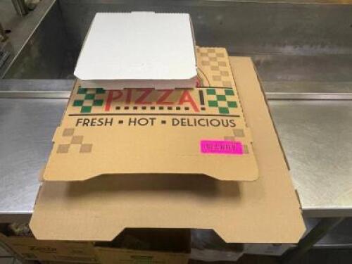 DESCRIPTION: ALL NON LOGO'ED PIZZA BOXES IN RESTAURANT. ADDITIONAL INFORMATION SEE ADDITIONAL IMAGES LOCATION: KITCHEN THIS LOT IS: ONE MONEY QTY: 1
