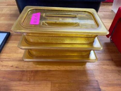 DESCRIPTION: (3) 1/4 SIZE PLASTIC INSERTS W/ LIDS ADDITIONAL INFORMATION 2" DEEP LOCATION: KITCHEN THIS LOT IS: ONE MONEY QTY: 1