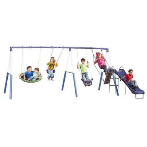DESCRIPTION: (1) SURF 'N' SWING SET BRAND/MODEL: XDP RECREATION/76667 INFORMATION: BLUE/4-SWINGS RETAIL$: 299.99 SIZE: 180"L X 104"W X 74"H QTY: 1