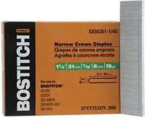 DESCRIPTION: (2) PACKS OF (3000) CROWN CONSTRUCTION STAPLE BRAND/MODEL: STANLEY BOSTITCH/SX50351-1/4G INFORMATION: 18 GAUGE/GALVANIZED FINISH RETAIL$:
