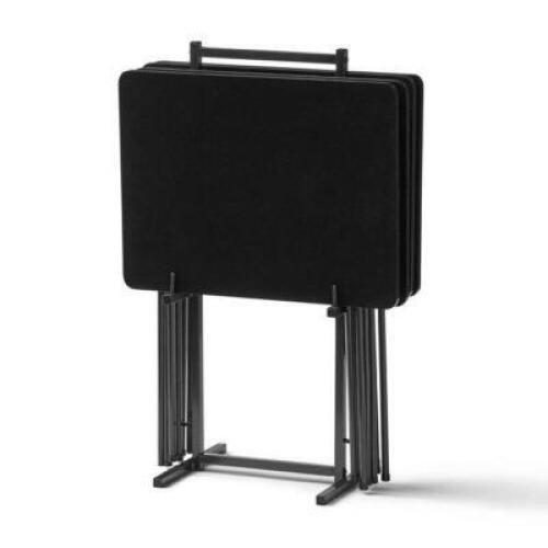 DESCRIPTION: (1) FOLDING TRAY TABLE SET BRAND/MODEL: MAINSTAYS/MS19-D1-1009-11 INFORMATION: BLACK/5-PIECES RETAIL$: 49.98 SIZE: 20"L X 15"W X 23.98"H