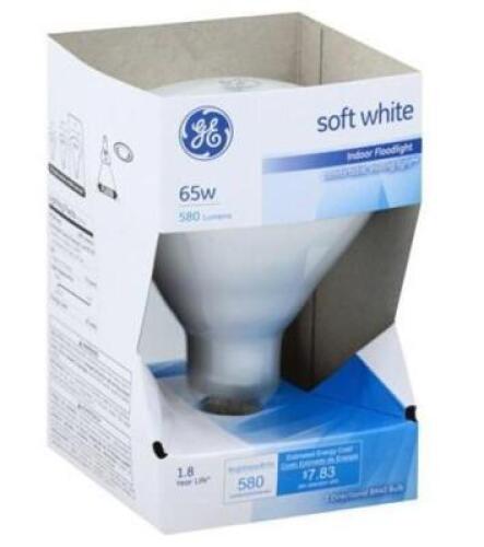 DESCRIPTION: (4) FLOOD LIGHT BULB BRAND/MODEL: GE/65R40 INFORMATION: 580 LUMENS/SOFT WHITE RETAIL$: 10.83 EACH SIZE: 5"DIA QTY: 4