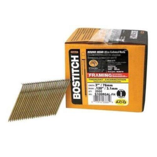 DESCRIPTION: (1) PACK OF (2000) FRAMING NAIL BRAND/MODEL: BOSTITCH/S10DRGAL-FH INFORMATION: ROUND HEAD/STEEL RETAIL$: 78.39 PER PK OF 2000 SIZE: 3"L Q