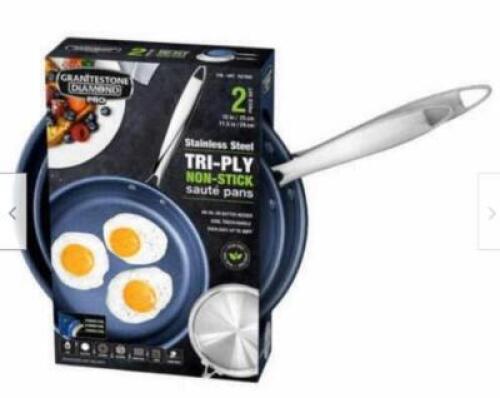 DESCRIPTION: (1) PACK OF (2) TRI-PLY SAUTE PANS BRAND/MODEL: GRANITESTONE/1527855 INFORMATION: NON-STICK/STAINLESS STEEL RETAIL$: 60.00 PER PK OF 2 SI