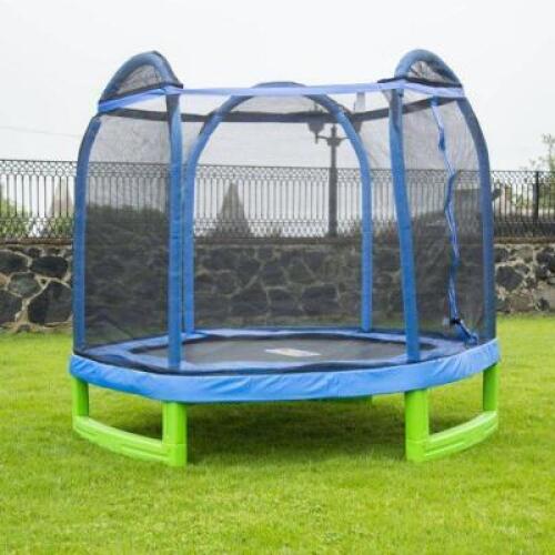 DESCRIPTION: (1) HEXAGON TRAMPOLINE BRAND/MODEL: MY FIRST TRAMPOLINE/MSC-84MFT-WM INFORMATION: BLUE & GREEN/WITH FLASH LIGHT ZONE RETAIL$: $139.00 SIZ