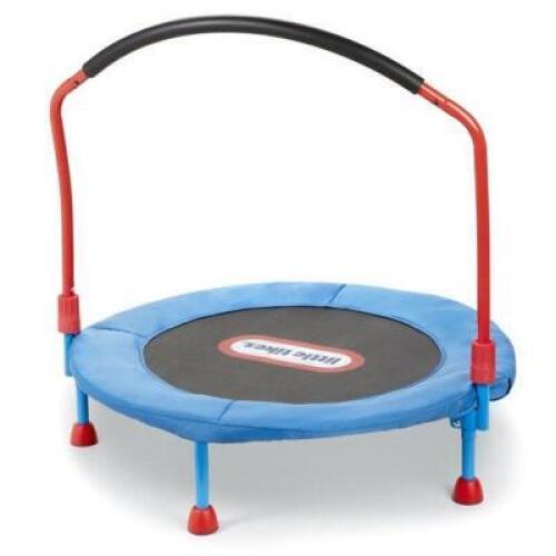 DESCRIPTION: (1) TRAMPOLINE WITH HAND RAIL BRAND/MODEL: LITTLE TIKES/642265PC INFORMATION: BLUE RETAIL$: $79.00 SIZE: 3' QTY: 1