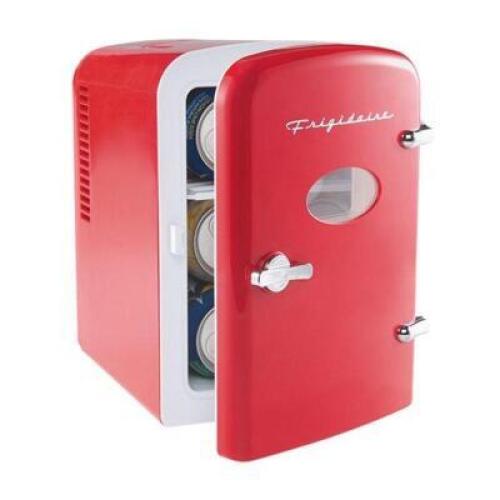 DESCRIPTION: (1) RETRO MINI PERSONAL REFRIGERATOR BRAND/MODEL: FRIGIDAIRE/EFMIS129-RED INFORMATION: RED/CAPACITY: 6 CANS RETAIL$: $47.48 SIZE: 10"L X