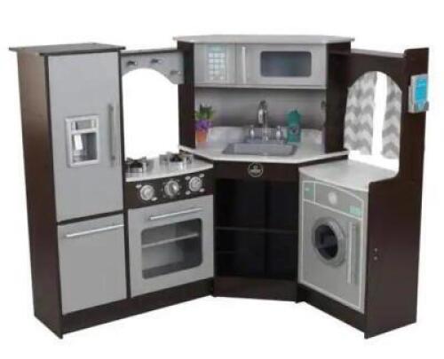 DESCRIPTION: (1) ULTIMATE CORNER PLAY KITCHEN BRAND/MODEL: KIDKRAFT/53365 INFORMATION: ESPRESSO/LIGHTS & SOUNDS RETAIL$: $188.28 SIZE: 42.5"D X 32.5"W