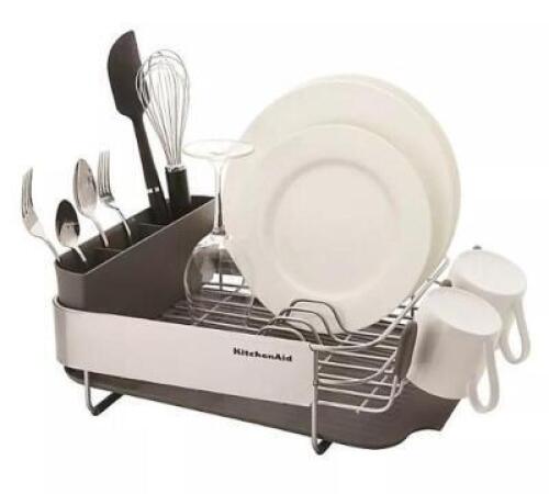 DESCRIPTION: (1) COMPACT DISH DRYING RACK BRAND/MODEL: KITCHENAID/1464518 INFORMATION: SATIN GRAY/STAINLESS STEEL RETAIL$: $69.99 SIZE: 15.87"L X 12.6