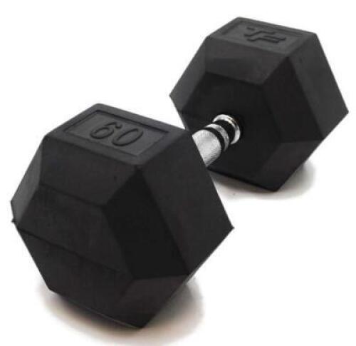 DESCRIPTION: (1) RUBBER HEX DUMBBELL BRAND/MODEL: TOP FITNESS INFORMATION: TRIPLE KNURLING/SILVER & BLACK RETAIL$: $119.40 SIZE: 60 LBS [5"GRIP LENGTH