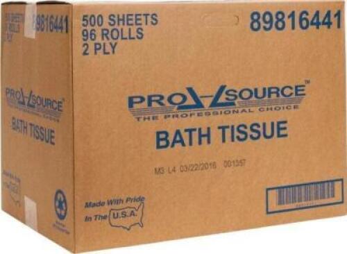 DESCRIPTION: (1) PACK OF (96) TOILET PAPER BRAND/MODEL: PRO-SOURCE/89816474 INFORMATION: 1-PLY/WHITE/500-SHEETS PER ROLL RETAIL$: 140.25 PER PK OF 96
