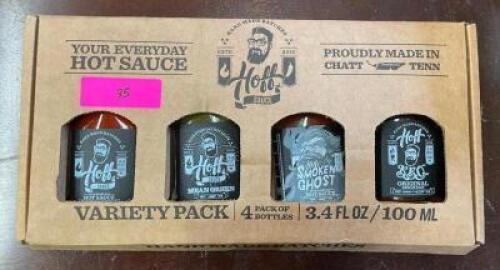 DESCRIPTION: 4CT VARIETY PACK OF HOFF SAUCES BRAND/MODEL: HOFF SAUCE INFORMATION: HOT SAUCE, MEAN GREEN, SMOKEN GHOST, AND BBQ SAUCE RETAIL$: $39.99 Q