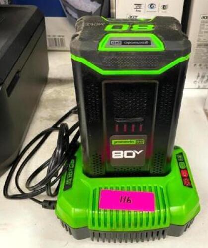 DESCRIPTION: 80V BATTERY WITH CHARGER BRAND/MODEL: GREENWORKS PRO RETAIL$: $168.85 AND $69.63 QTY: 1