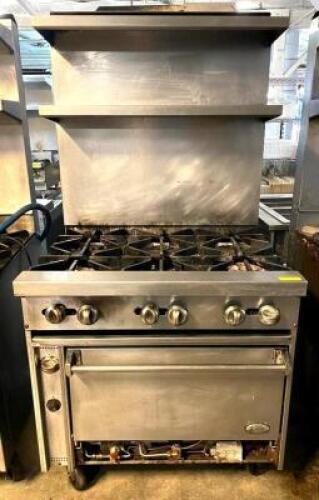 DESCRIPTION: 36" 6-BURNER GAS RANGE WITH OVEN AND 2-TIER STAINLESS RISER SHELF BRAND/MODEL: JADE QTY: 1