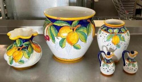 DESCRIPTION: (3) HAND PAINTED VASES AND (2) DECANTERS QTY: 5
