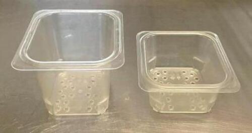 DESCRIPTION: (7) 1/6 SIZE PLASTIC STEAM PANS SIZE: (4) 6" AND (3) 4" QTY: 7