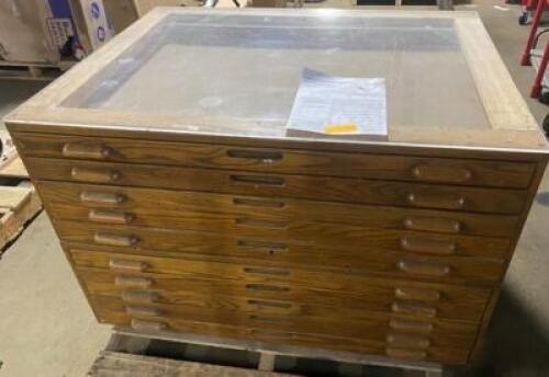 DESCRIPTION: (2) ANTIQUE DOUBLE STACK FLAT FILE CABINET BRAND/MODEL: IA/103663 INFORMATION: WOODEN/10-DRAWERS/CLEAR TOP RETAIL$: 4,000 SIZE: 29"H X 45