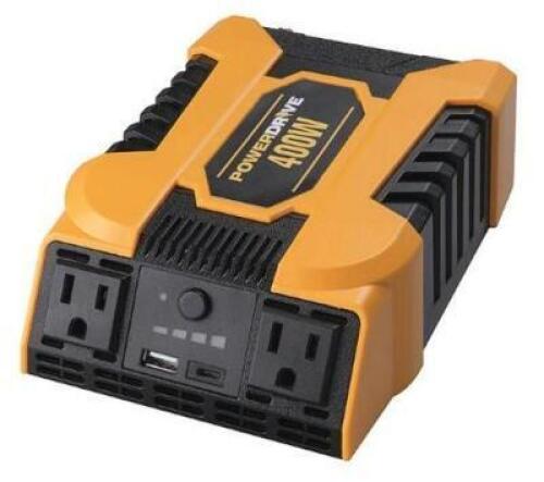 DESCRIPTION: (1) POWER INVERTER BRAND/MODEL: POWER DRIVE/PDI400 INFORMATION: 400W NOMINAL OUTPUT/3-OUTLETS RETAIL$: 42.61 SIZE: 7.6"W X 2.3"D X 11.8"H