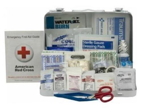 DESCRIPTION: (2) METAL FIRST AID KIT BRAND/MODEL: FIRST AID ONLY/90561 INFORMATION: WHITE/FIT TO TREAT: 25 PEOPLE OR MORE/WEATHERPROOF CASE RETAIL$: 4