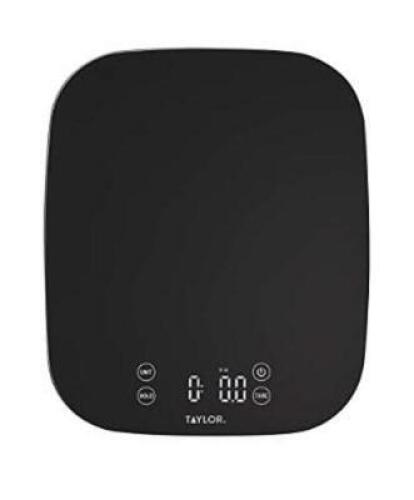 DESCRIPTION: (1) DIGITAL KITCHEN SCALE BRAND/MODEL: TAYLOR/1075112 INFORMATION: TEMPERED GLASS/BLACK RETAIL$: 31.83 SIZE: 14.25" X 1.37" X 13.84" QTY: