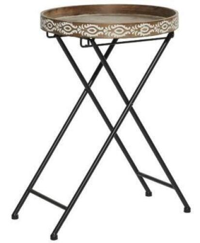 DESCRIPTION: (1) FARMHOUSE METAL ACCENT TABLE BRAND/MODEL: UMA ENTERPRISES/39744 INFORMATION: BROWN & MATTE BLACK/FLORAL PATTERN RETAIL$: 200.00 SIZE:
