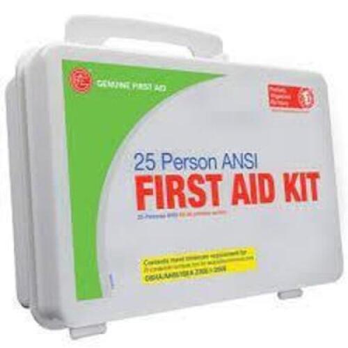DESCRIPTION: (2) FIRST AID KIT BRAND/MODEL: GENUINE FIRST AID RETAIL$: $30.00 EA SIZE: 25 PERSON QTY: 2