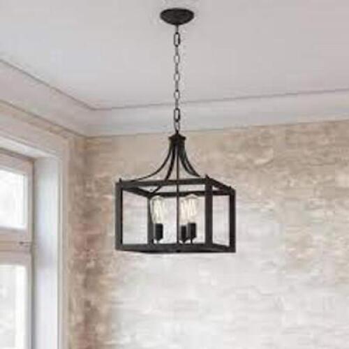 BOSWELL QUARTER 3-LIGHT DISTRESSED BLACK PENDANT BRAND/MODEL HOME DECORATORS COLLECTION RETAIL PRICE: $119.00 QUANTITY 1
