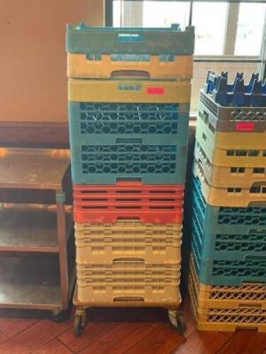 (8) - PC. FULL SIZED GLASS RACK SET WITH ROLLING DOLLY