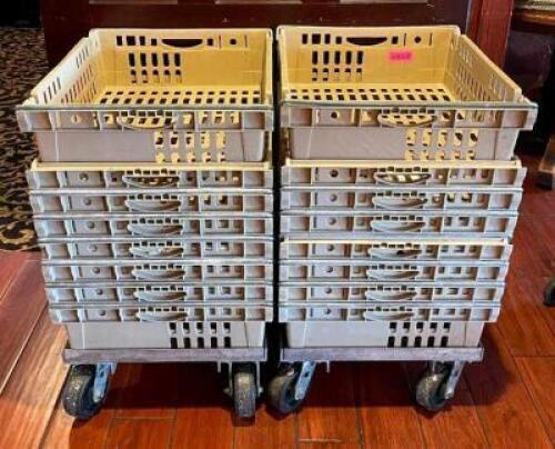 (16) PLASTIC STACKING STORAGE BASKETS WITH (2) DOLLIES