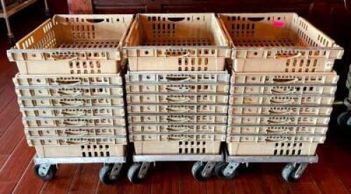 (24) PLASTIC STACKING STORAGE BASKETS WITH (3) DOLLIES
