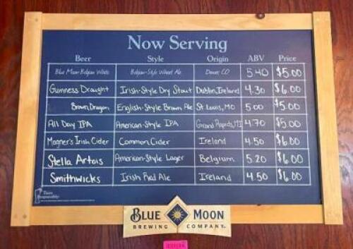 BLUE MOON WOOD FRAMED BEER MENU BOARD