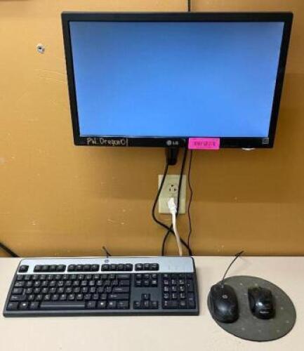 WALL MOUNT COMPUTER MONITOR WITH KEYBOARD AND (2) MOUSE