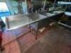 11' X 8' U SHAPED STAINLESS SOIL TABLE THREE WELL POT SINK, RISER SHELF, AND SPRAY STATION. - 3