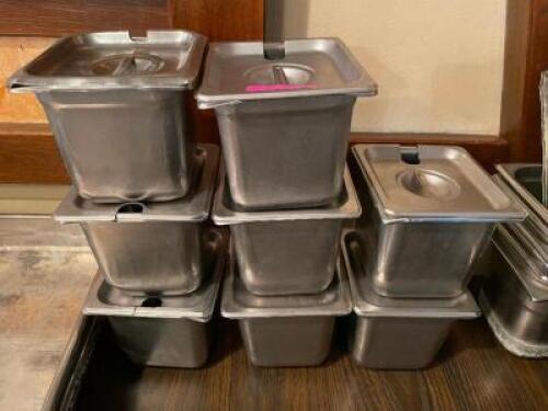 (8) 1/6TH SIZE STAINLESS INSERTS W/ LIDS