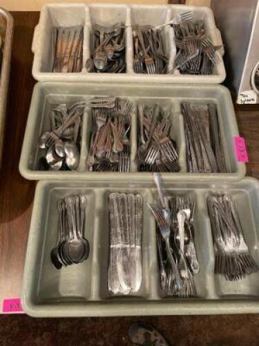 (3) PLASTIC ORGANIZERS W/ CONTENTS - ASSORTED SILVERWARE.