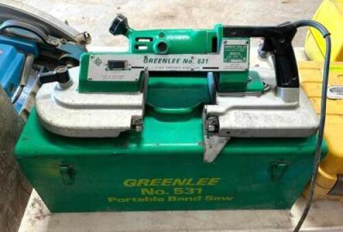 DESCRIPTION: ELECTRIC PORTABLE BAND SAW WITH CASE BRAND/MODEL: GREENLEE 531 LOCATION: WAREHOUSE LOCATION: 6249 LORENS LN. CEDAR HILL, MO 63016 QTY: 1