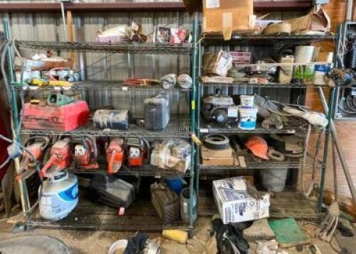 DESCRIPTION: SHELVES WITH CONTENTS OF ASSORTED TOOLS, PARTS, AND ACCESSORIES INFORMATION: ALL TOOLS ARE NOT IN WORKING CONDITION - SEE PHOTOS FOR MORE