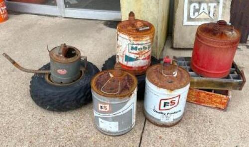 DESCRIPTION: ASSORTED VINTAGE OIL CANS LOCATION: FRONT ENTRANCE LOCATION: 6249 LORENS LN. CEDAR HILL, MO 63016 QTY: 1