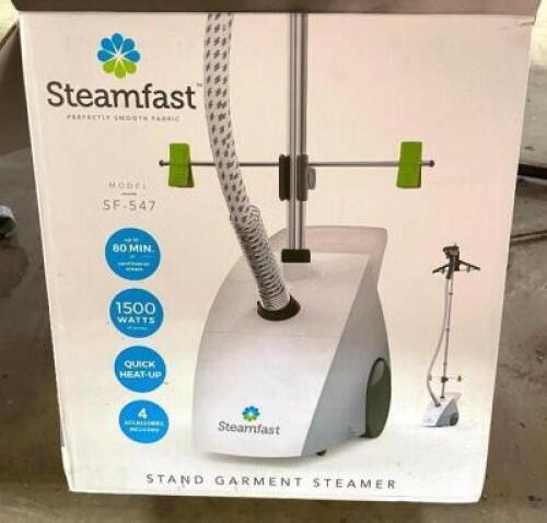 DESCRIPTION: STAND GARMENT STEAMER BRAND/MODEL: STEAMFAST SF-547 INFORMATION: SLIGHTLY USED LOCATION: WAREHOUSE LOCATION: 6249 LORENS LN. CEDAR HILL,