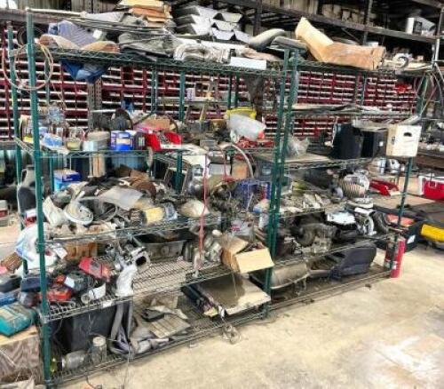 DESCRIPTION: SHELVING WITH CONTENTS (ASSORTED AUTOMOTIVE PARTS, TOOLS, AND ACCESSORIES) INFORMATION: SEE PHOTOS FOR MORE DETAIL LOCATION: WAREHOUSE LO