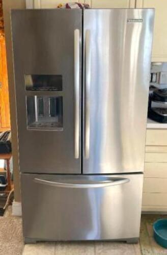 DESCRIPTION: STAINLESS STEEL FRENCH DOOR REFRIGERATOR WITH BOTTOM DRAWER FREEZER BRAND/MODEL: KITCHENAID INFORMATION: NOT IN WORKING CONDITION LOCATIO