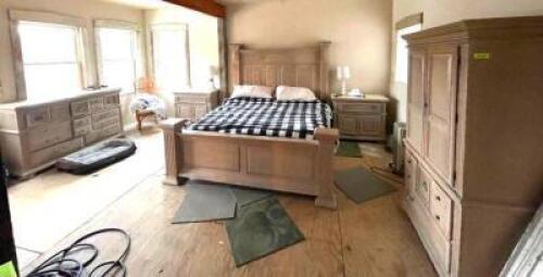 DESCRIPTION: 5PC BEDROOM SET (KING BED FRAME - NO BEDDING, WARDROBE, DRESSER, AND (2) NIGHTSTANDS INFORMATION: SEE PHOTOS FOR ALL PIECES LOCATION: HOU