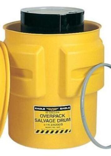 DESCRIPTION: (1) SALVAGE DRUM BARREL BRAND/MODEL: EAGLE/1665 INFORMATION: YELLOW/PLASTIC/NO LID RETAIL$: 301 SIZE: 38.88"H X 25.5"DIA [CAPACITY: 65 GA
